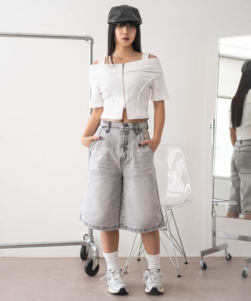 WEGO(ウィゴー)の「WEGO/オフショルWジップトップス(Tシャツ/カットソー・レディース・スミクロ/ホワイト・FREE)」の3枚目の写真
