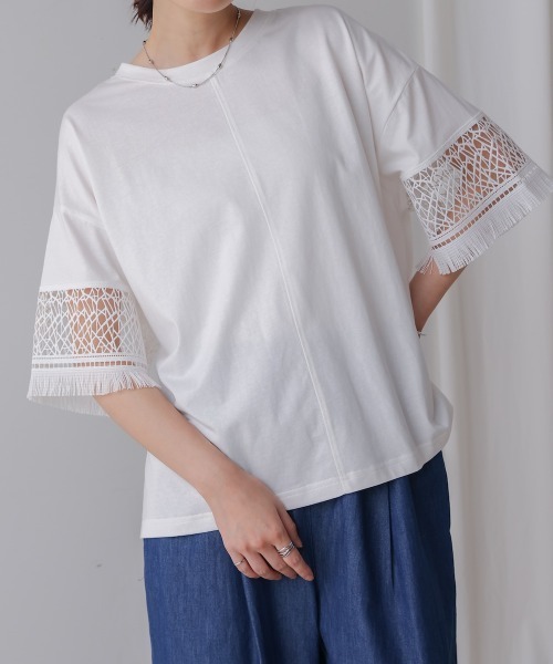 Bou Jeloud(ブージュルード)の「レーススリーブTシャツ(Tシャツ/カットソー・レディース・オフホワイト/ブラウン/ブラック・FREE)」の2枚目の写真