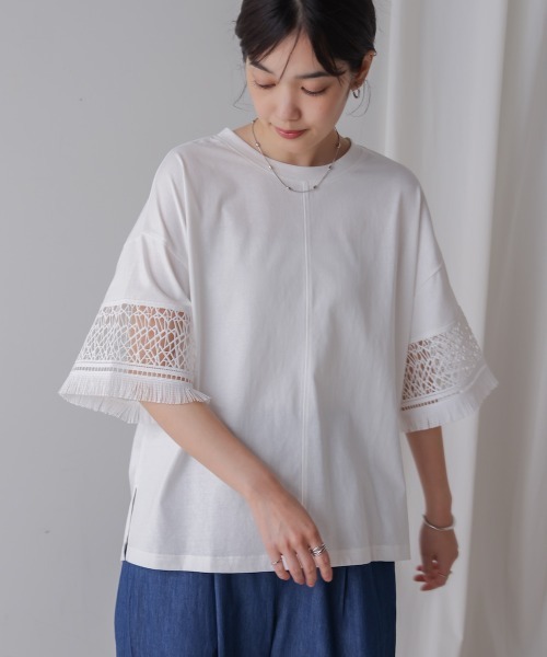 Bou Jeloud(ブージュルード)の「レーススリーブTシャツ(Tシャツ/カットソー・レディース・オフホワイト/ブラウン/ブラック・FREE)」の4枚目の写真