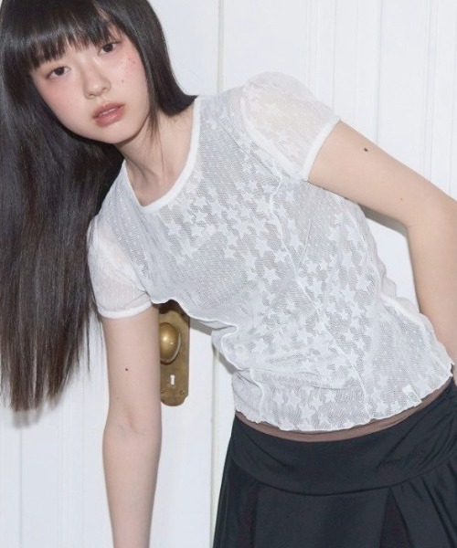 FANCY CLUB（ファンシークラブ）の「【FANCY CLUB】Wave Puff Lace Tee / 【ファンシークラブ】シアーレース半袖Tシャツ（Tシャツ/カットソー・レディース・ブラック/ホワイト・ONE SIZE）」の20枚目の写真