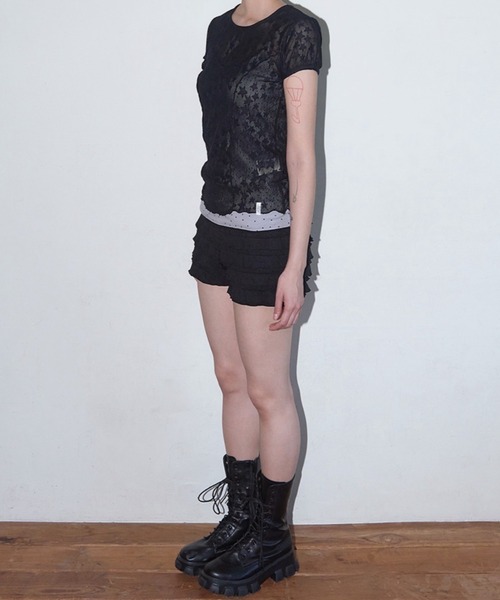 FANCY CLUB（ファンシークラブ）の「【FANCY CLUB】Wave Puff Lace Tee / 【ファンシークラブ】シアーレース半袖Tシャツ（Tシャツ/カットソー・レディース・ブラック/ホワイト・ONE SIZE）」の6枚目の写真