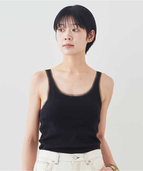 MEDE19F(メデジュウキュウ)の「MEDE19F チュール遣いのカップ付きリブタンクトップ(タンクトップ・レディース・ブラック/オフホワイト・LL/L/M)」の2枚目の写真