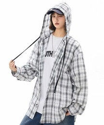 Achic（アシック）の「フード付きシアーチェックシャツ（シャツ/ブラウス）」