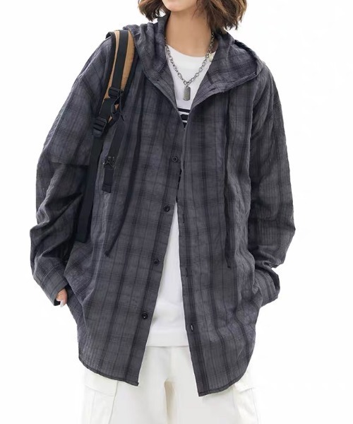Achic(アシック)の「フード付きシアーチェックシャツ(シャツ/ブラウス・レディース・ホワイト/グレー・M)」の16枚目の写真