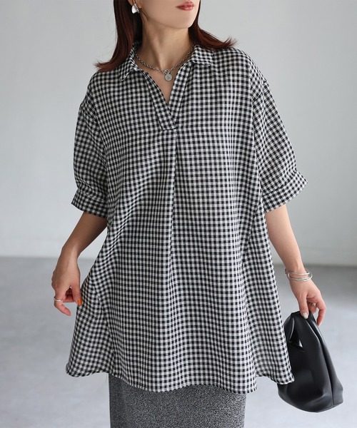 Riberry（リベリー）の「チェック&ストライプスキッパーチュニック（チュニック・レディース・ブラック/オフホワイト・FREE）」の2枚目の写真