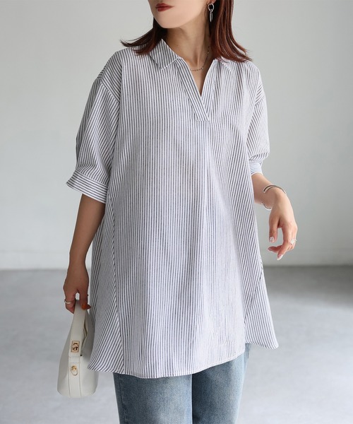 Riberry（リベリー）の「チェック&ストライプスキッパーチュニック（チュニック・レディース・ブラック/オフホワイト・FREE）」の7枚目の写真