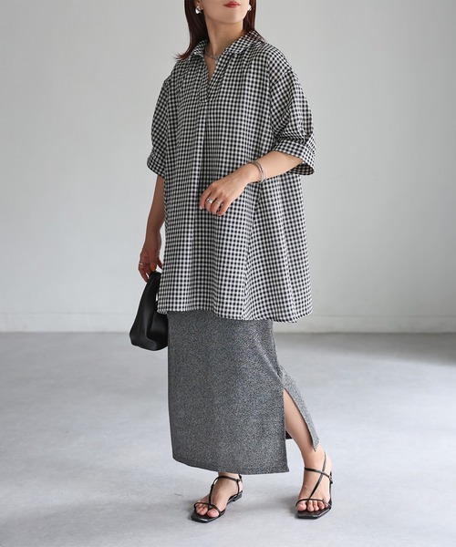 Riberry（リベリー）の「チェック&ストライプスキッパーチュニック（チュニック・レディース・ブラック/オフホワイト・FREE）」の5枚目の写真