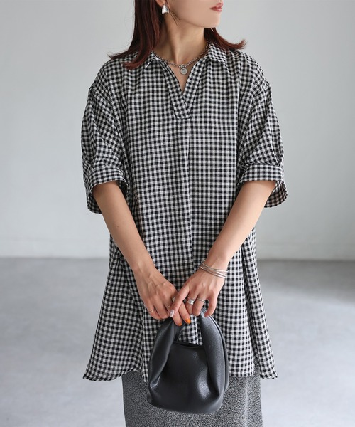 Riberry（リベリー）の「チェック&ストライプスキッパーチュニック（チュニック・レディース・ブラック/オフホワイト・FREE）」の4枚目の写真