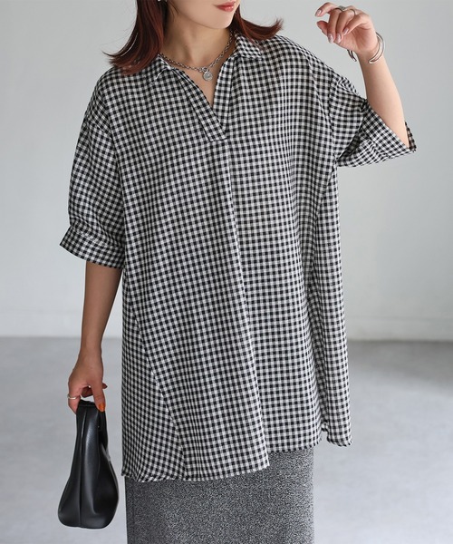 Riberry（リベリー）の「チェック&ストライプスキッパーチュニック（チュニック・レディース・ブラック/オフホワイト・FREE）」の3枚目の写真