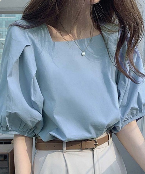 shoppinggo（ショッピングゴー）の「夏新作 パフスリーブ ブラウス トップス 半袖 薄手 無地 Tシャツ（シャツ/ブラウス・レディース・ブラック/ブルー/ホワイト・M）」の3枚目の写真