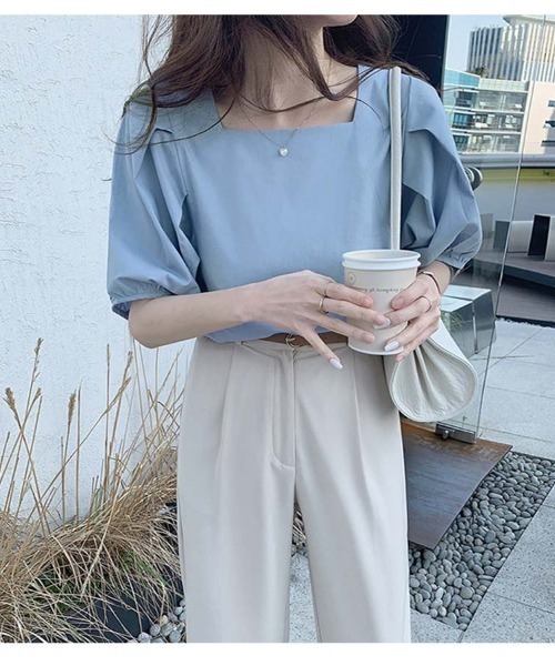 shoppinggo（ショッピングゴー）の「夏新作 パフスリーブ ブラウス トップス 半袖 薄手 無地 Tシャツ（シャツ/ブラウス・レディース・ブラック/ブルー/ホワイト・M）」の22枚目の写真