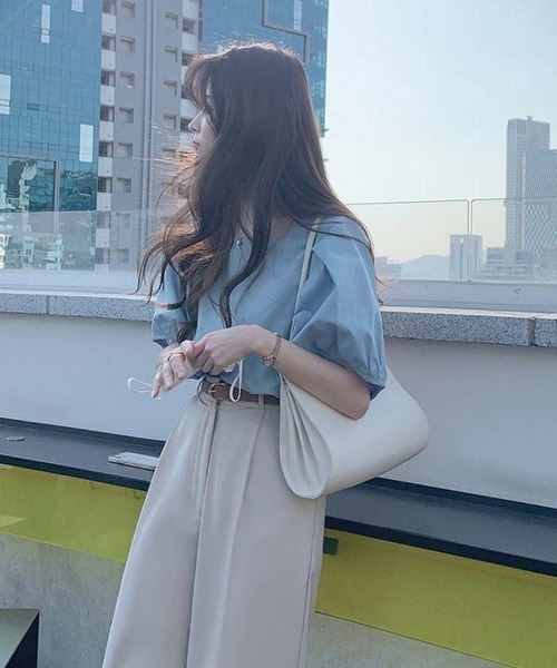 shoppinggo（ショッピングゴー）の「夏新作 パフスリーブ ブラウス トップス 半袖 薄手 無地 Tシャツ（シャツ/ブラウス・レディース・ブラック/ブルー/ホワイト・M）」の20枚目の写真