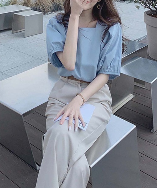 shoppinggo（ショッピングゴー）の「夏新作 パフスリーブ ブラウス トップス 半袖 薄手 無地 Tシャツ（シャツ/ブラウス・レディース・ブラック/ブルー/ホワイト・M）」の18枚目の写真