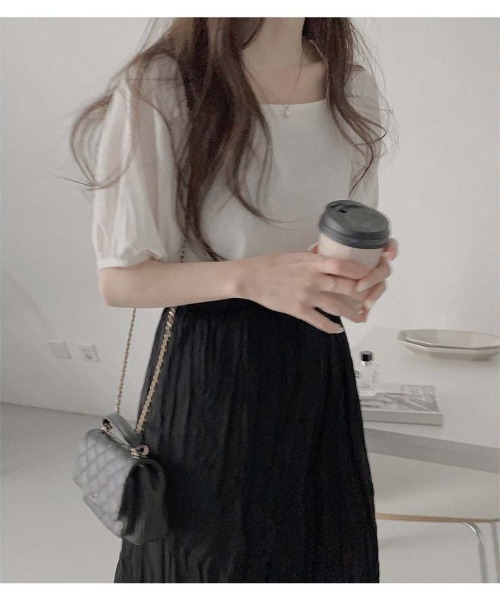 shoppinggo（ショッピングゴー）の「夏新作 パフスリーブ ブラウス トップス 半袖 薄手 無地 Tシャツ（シャツ/ブラウス・レディース・ブラック/ブルー/ホワイト・M）」の16枚目の写真