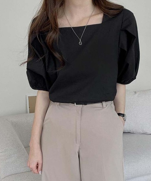 shoppinggo（ショッピングゴー）の「夏新作 パフスリーブ ブラウス トップス 半袖 薄手 無地 Tシャツ（シャツ/ブラウス・レディース・ブラック/ブルー/ホワイト・M）」の9枚目の写真