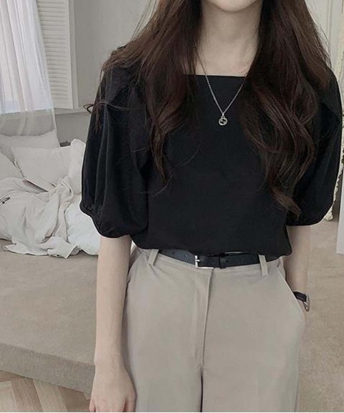 shoppinggo（ショッピングゴー）の「夏新作 パフスリーブ ブラウス トップス 半袖 薄手 無地 Tシャツ（シャツ/ブラウス・レディース・ブラック/ブルー/ホワイト・M）」の8枚目の写真