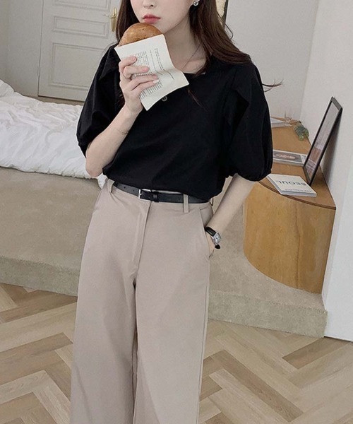 shoppinggo（ショッピングゴー）の「夏新作 パフスリーブ ブラウス トップス 半袖 薄手 無地 Tシャツ（シャツ/ブラウス・レディース・ブラック/ブルー/ホワイト・M）」の6枚目の写真