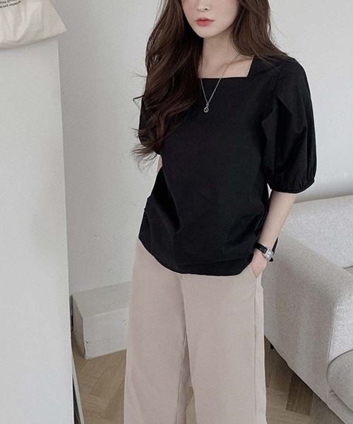 shoppinggo（ショッピングゴー）の「夏新作 パフスリーブ ブラウス トップス 半袖 薄手 無地 Tシャツ（シャツ/ブラウス・レディース・ブラック/ブルー/ホワイト・M）」の5枚目の写真