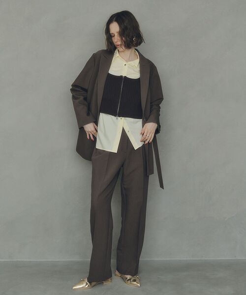 YECCA VECCA（イェッカヴェッカ）の「ウエストデザインワイドストレートパンツ（スラックス・レディース・ストライプ/ブラウン・M/S/M-L）」の5枚目の写真