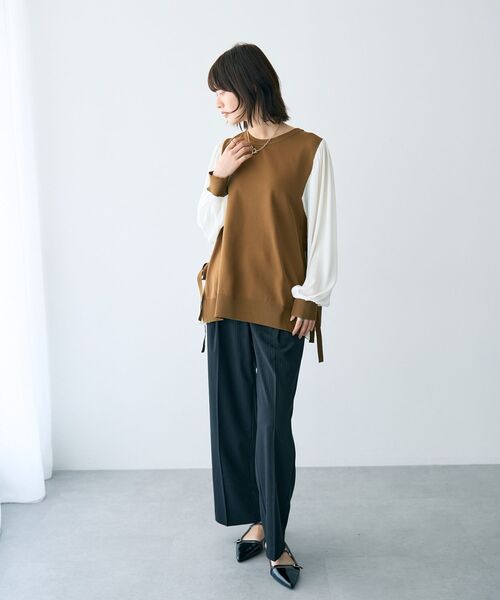 YECCA VECCA（イェッカヴェッカ）の「ウエストデザインワイドストレートパンツ（スラックス・レディース・ストライプ/ブラウン・M/S/M-L）」の21枚目の写真