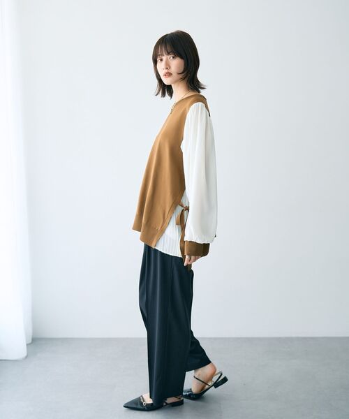 YECCA VECCA（イェッカヴェッカ）の「ウエストデザインワイドストレートパンツ（スラックス・レディース・ストライプ/ブラウン・M/S/M-L）」の22枚目の写真