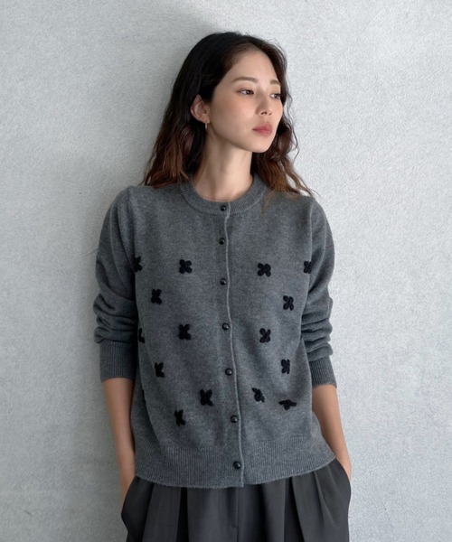 Rene✨グレー 長袖カーディガン 36　リボン　クルーネック　ベロア　ボタン Rene✨グレー 長袖カーディガン 36 リボン クルーネック ベロア