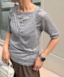 【willow】5分袖シアースラブボタンタンクセットトップス