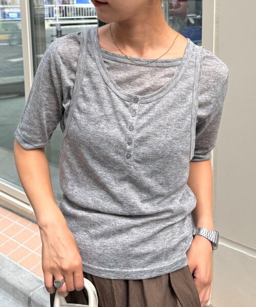 WILLOW(ウィロー)の「【willow】5分袖シアースラブボタンタンクセットトップス(Tシャツ/カットソー・レディース・グレー/ブラウン・ONE SIZE)」の7枚目の写真