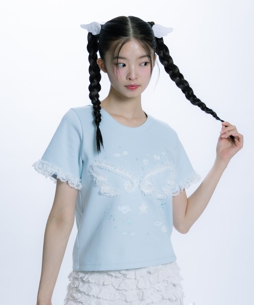 monepine(モネピネ)の「feather lace print Tee/羽レースプリントT(Tシャツ/カットソー・レディース・ホワイト/ライトブルー・1/2)」の7枚目の写真