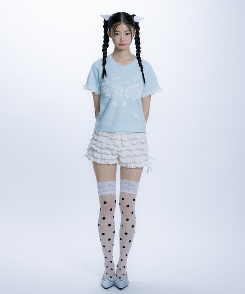 monepine(モネピネ)の「feather lace print Tee/羽レースプリントT(Tシャツ/カットソー・レディース・ホワイト/ライトブルー・1/2)」の8枚目の写真