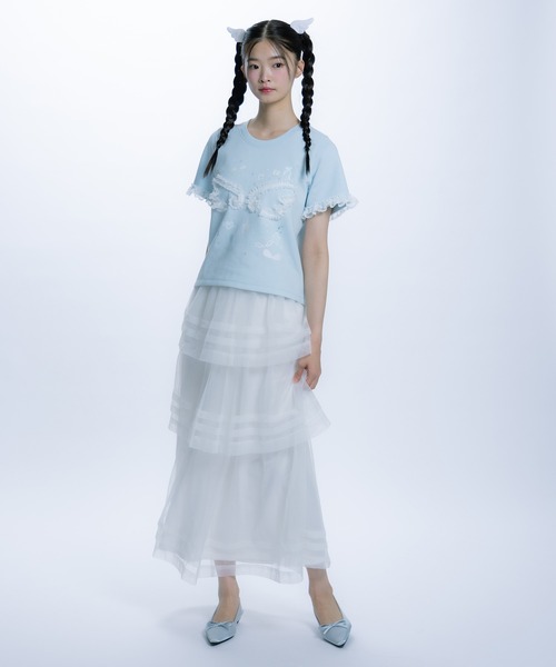 monepine(モネピネ)の「feather lace print Tee/羽レースプリントT(Tシャツ/カットソー・レディース・ホワイト/ライトブルー・1/2)」の10枚目の写真