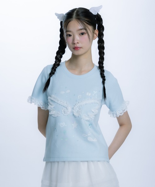 monepine(モネピネ)の「feather lace print Tee/羽レースプリントT(Tシャツ/カットソー・レディース・ホワイト/ライトブルー・1/2)」の9枚目の写真