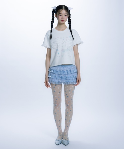 monepine(モネピネ)の「feather lace print Tee/羽レースプリントT(Tシャツ/カットソー・レディース・ホワイト/ライトブルー・1/2)」の4枚目の写真