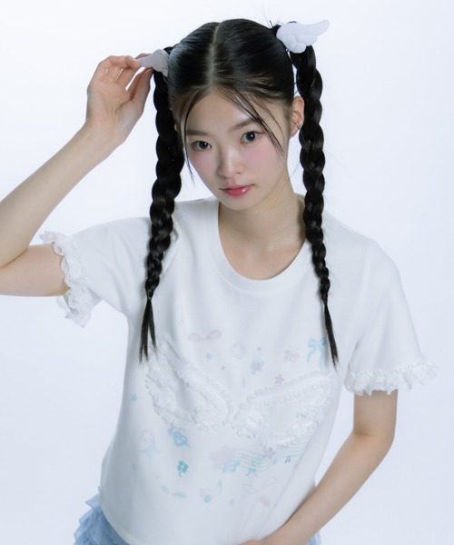 monepine(モネピネ)の「feather lace print Tee/羽レースプリントT(Tシャツ/カットソー・レディース・ホワイト/ライトブルー・1/2)」の16枚目の写真