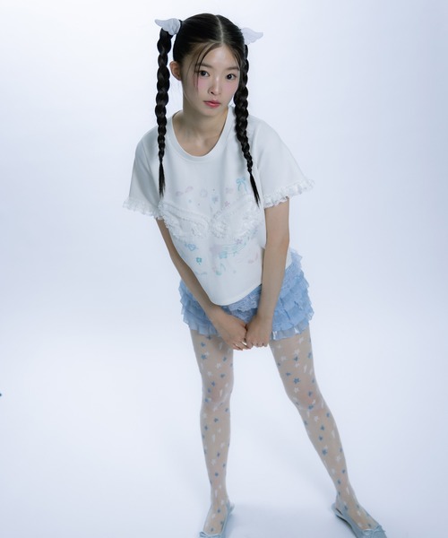 monepine(モネピネ)の「feather lace print Tee/羽レースプリントT(Tシャツ/カットソー・レディース・ホワイト/ライトブルー・1/2)」の17枚目の写真