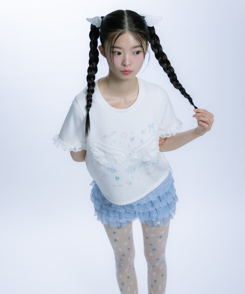 monepine(モネピネ)の「feather lace print Tee/羽レースプリントT(Tシャツ/カットソー・レディース・ホワイト/ライトブルー・1/2)」の19枚目の写真