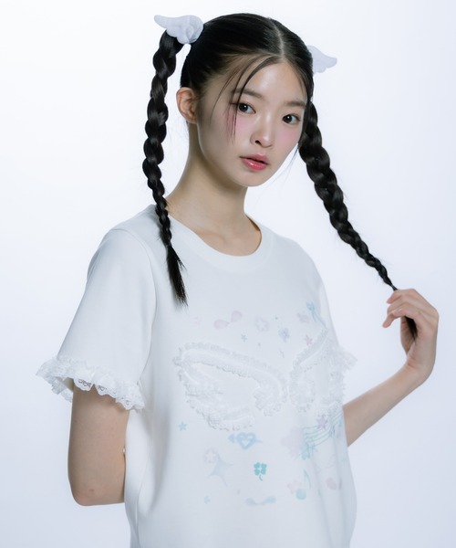monepine(モネピネ)の「feather lace print Tee/羽レースプリントT(Tシャツ/カットソー・レディース・ホワイト/ライトブルー・1/2)」の20枚目の写真
