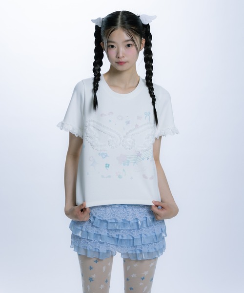 monepine(モネピネ)の「feather lace print Tee/羽レースプリントT(Tシャツ/カットソー・レディース・ホワイト/ライトブルー・1/2)」の14枚目の写真