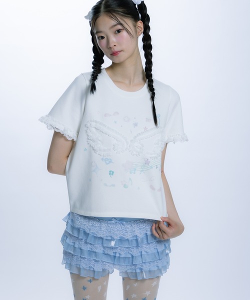 monepine(モネピネ)の「feather lace print Tee/羽レースプリントT(Tシャツ/カットソー・レディース・ホワイト/ライトブルー・1/2)」の15枚目の写真