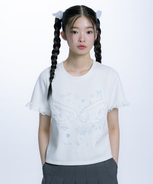 monepine(モネピネ)の「feather lace print Tee/羽レースプリントT(Tシャツ/カットソー・レディース・ホワイト/ライトブルー・1/2)」の5枚目の写真
