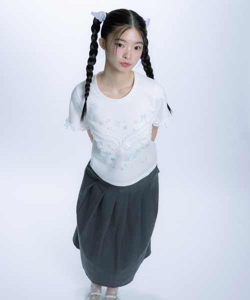 monepine(モネピネ)の「feather lace print Tee/羽レースプリントT(Tシャツ/カットソー・レディース・ホワイト/ライトブルー・1/2)」の22枚目の写真