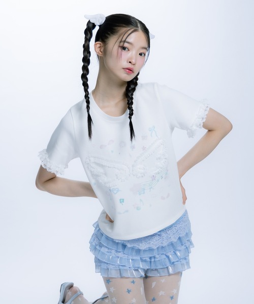 monepine(モネピネ)の「feather lace print Tee/羽レースプリントT(Tシャツ/カットソー・レディース・ホワイト/ライトブルー・1/2)」の13枚目の写真