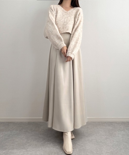 ワンピース、トップス セール】レースアップニットトップス+フレアワンピースセット[高身長