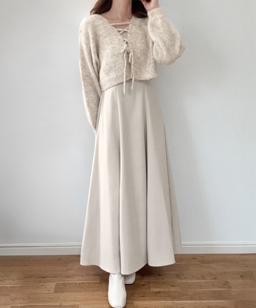 セール】レースアップニットトップス+フレアワンピースセット[高身長