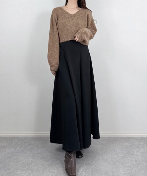 セール】レースアップニットトップス+フレアワンピースセット[高身長