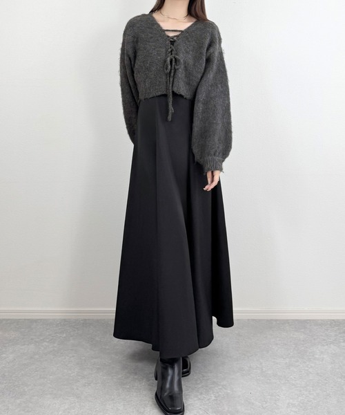 セール】レースアップニットトップス+フレアワンピースセット[高身長