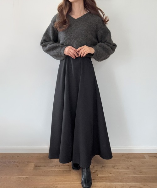 セール】レースアップニットトップス+フレアワンピースセット[高