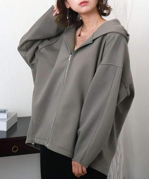 libelle more（リベル モア）の「ダンボールポンチ コクーンスリーブフードジップコート パーカー 体型カバー◎（パーカー・レディース・グレイッシュベージュ/カーキ/モカ/チャコールグレー/ブラック・M）」の5枚目の写真