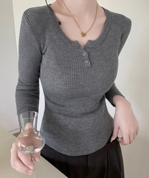 セール】スクエアネック×ボタンデザインリブニットトップス（ニット