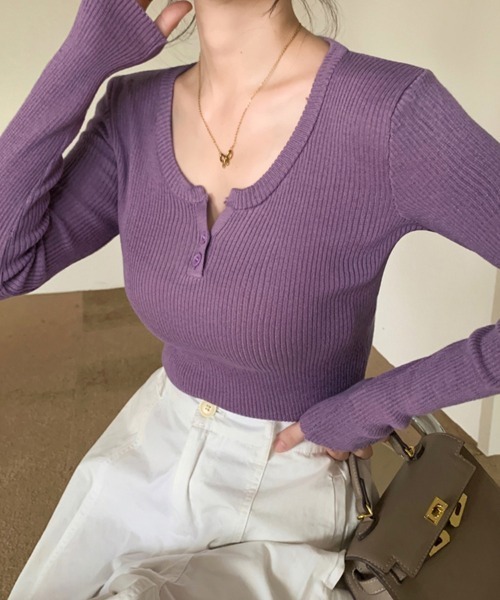 セール】スクエアネック×ボタンデザインリブニットトップス（ニット